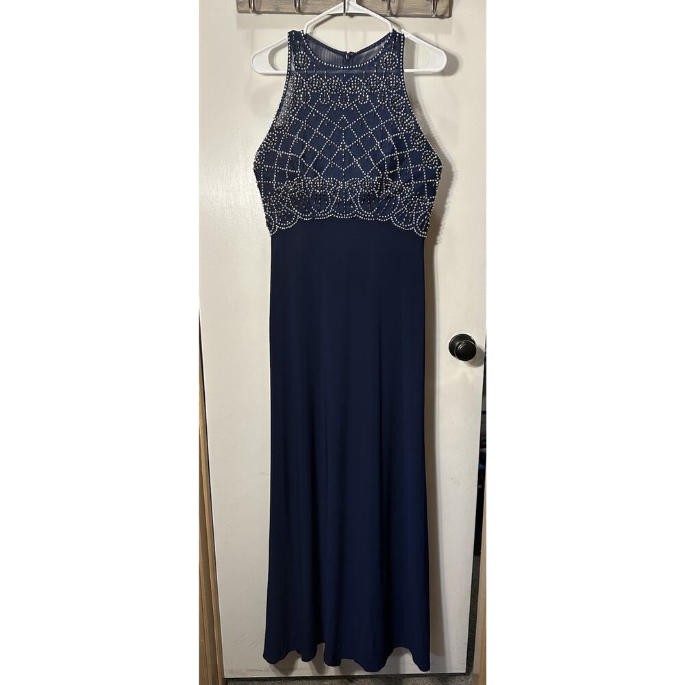 Cachet Bridesmaid Dress, Silver Beaded Illusion, Blue, Navy, Size 8 56872D